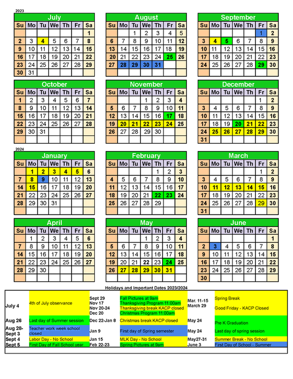 Kinney Avenue Christian Preschool Calendar of Events